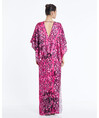 Patterned V-Neck Long Fuchsia Dress 36197