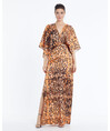 Patterned V-Neck Long Orange Dress 36197