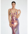 Thin Strap Chain Detailed Window Sequined Fish Form Purple Dress 37185