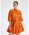 Balloon Sleeve Belted Linen Orange Dress 38347