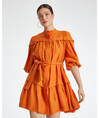 Balloon Sleeve Belted Linen Orange Dress 38347