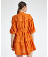 Balloon Sleeve Belted Linen Orange Dress 38347