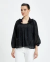 Beaded Embroidered Rubber Neck Long Sleeve Black Blouse 39442