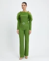 Tulle Ruffle Neck Open Shoulder Long Sleeve Green Blouse 39266