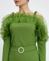 Tulle Ruffle Neck Open Shoulder Long Sleeve Green Blouse 39266