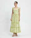 Square Neck Patterned Short Sleeve Green Dress 39467