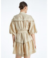 Balloon Sleeve Belted Linen Beige Dress 38347