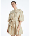 Balloon Sleeve Belted Linen Beige Dress 38347