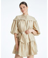 Balloon Sleeve Belted Linen Beige Dress 38347