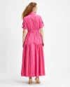 Shirt Collar Belted Pocket Long Fuchsia Dress 39255