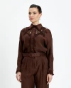 Shirt Collar Long Sleeve Elegant Design Coffee Blouse 39596