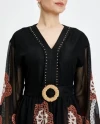 Floral Patterned Embroidered Belted V-Neck Black Dress 39589