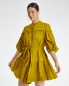 Balloon Sleeve Belted Linen Green Dress 38347