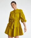 Balloon Sleeve Belted Linen Green Dress 38347