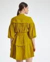 Balloon Sleeve Belted Linen Green Dress 38347