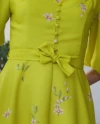 Balloon Sleeve Lemon Patterned V-Neck Long Green Dress 39922