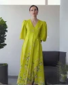 Balon Kol Limon Desenli V Yaka Uzun Yeşil Elbise 39922 