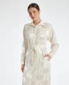 Belted Polka Dot Shirt Collar Cream Satin Dress 40349