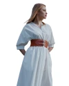 Elbow Sleeve V-Neck Belted Pocket Ecru Long Dress 39852