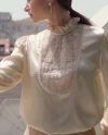 Ruffle Collar Stone Embroidered Long Sleeve Beige Blouse 39627