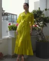 Shirt Collar Pocketed Short Sleeve Acid Yellow Dress 39914