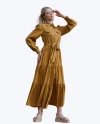 Shirt Collar Waist Belted Long Sleeve Midi Length Light Brown Dress 39555
