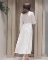 Rose Detailed Long Sleeve Elegant Ecru Dress 39857