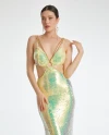 Thin Strap Chain Detailed Window Sequined Fish Form Yellow Dress 37185