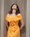 Madonna Collar Strap Belted Midi Length Orange Dress 39462