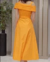 Madonna Collar Strap Belted Midi Length Orange Dress 39462