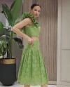Square Neck Ruffled Shoulders Skirt Pleated Green Suit 36011