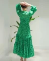 V Yaka Balon Kol Eteği Fırfırlı Yeşil Elbise 38597