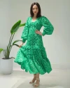 V Yaka Balon Kol Eteği Fırfırlı Yeşil Elbise 38597
